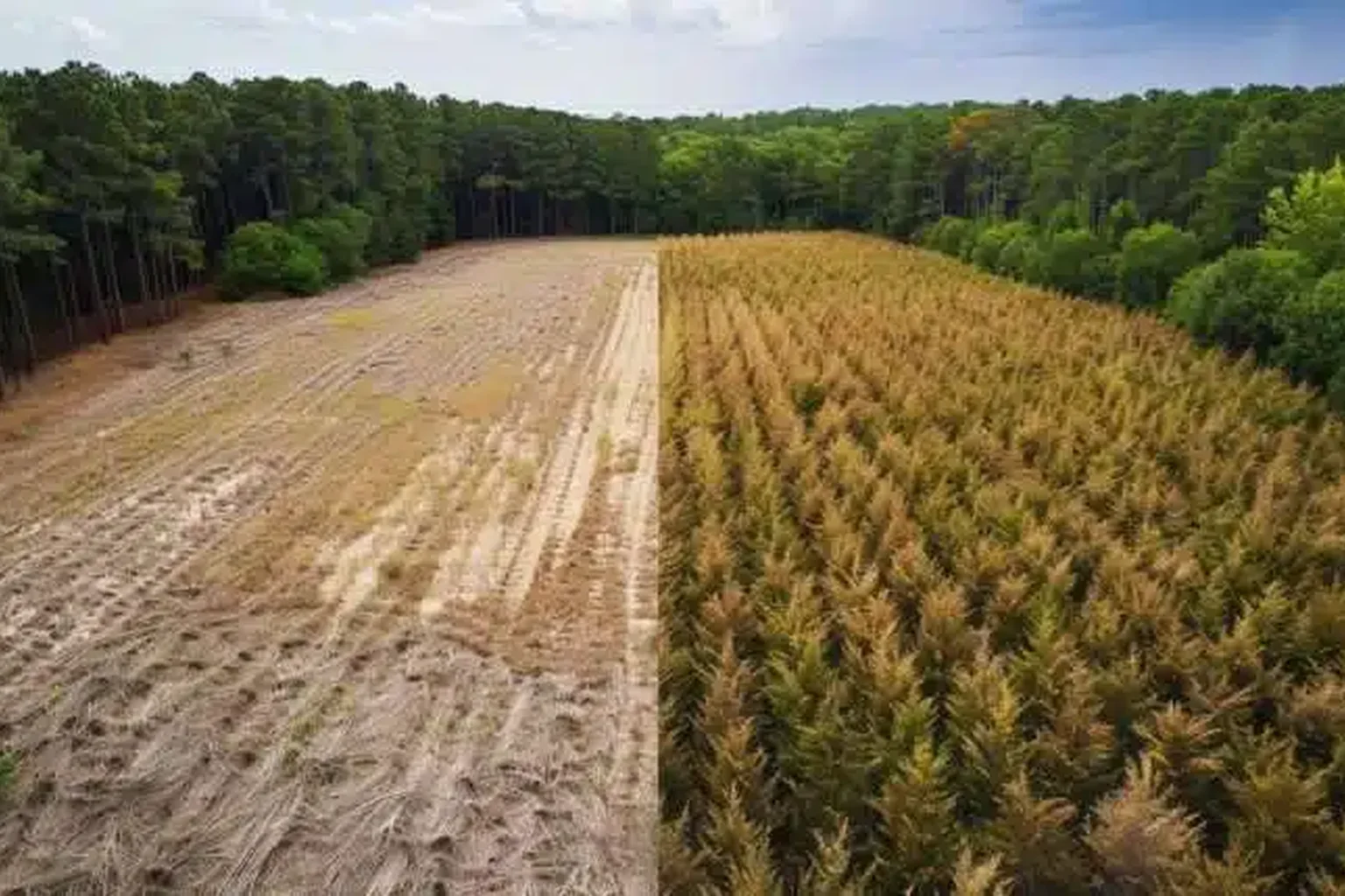Cut and uncut sections of a field bordered by woodland